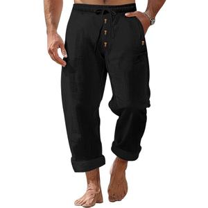 Mens Cotton Linen Pants Casual Summer Vacation Baggy Beach Pants Buttoned Elastic Waist Drawstring Yoga Trousers with Pockets Black (Black, XXL)