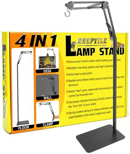 4 IN 1 Metal Reptile Lamp Stand with Swing Arm for Terrarium - Floor Light Stand for Reptile Tank - Adjustable Height & Width & Angle Heat Lamp Holder - Heating Light Bracket & Hanger (Max Height 72")