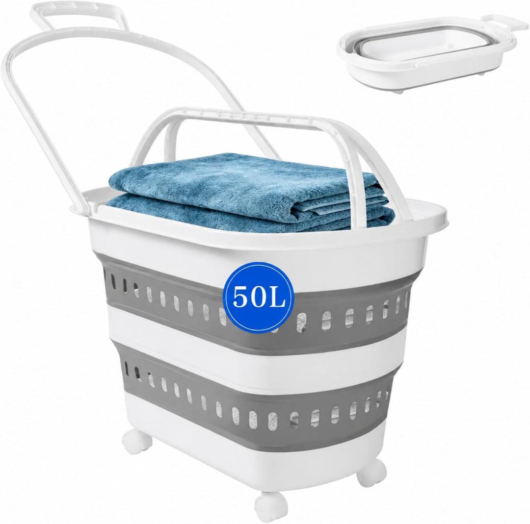 50L Pop Up Storage Laundry Basket with Wheels Gery, Collapsible Plastic Foldable Laundry Hamper Basket Container Organizer for Washing Storage