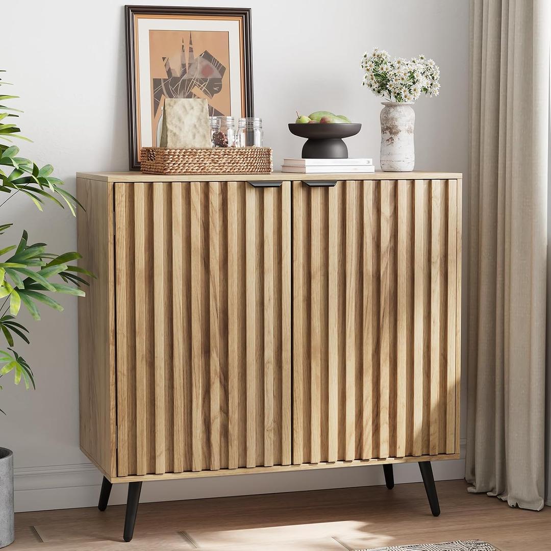 Semiocthome Buffet Cabinet with Storage, Sideboard Cabinet with Fluted Doors and Metal Legs, Storage Cabinet with Adjustable Shelf, Accent Table for Living Room, Kitchen, Entryway - Natural, 31.5"W