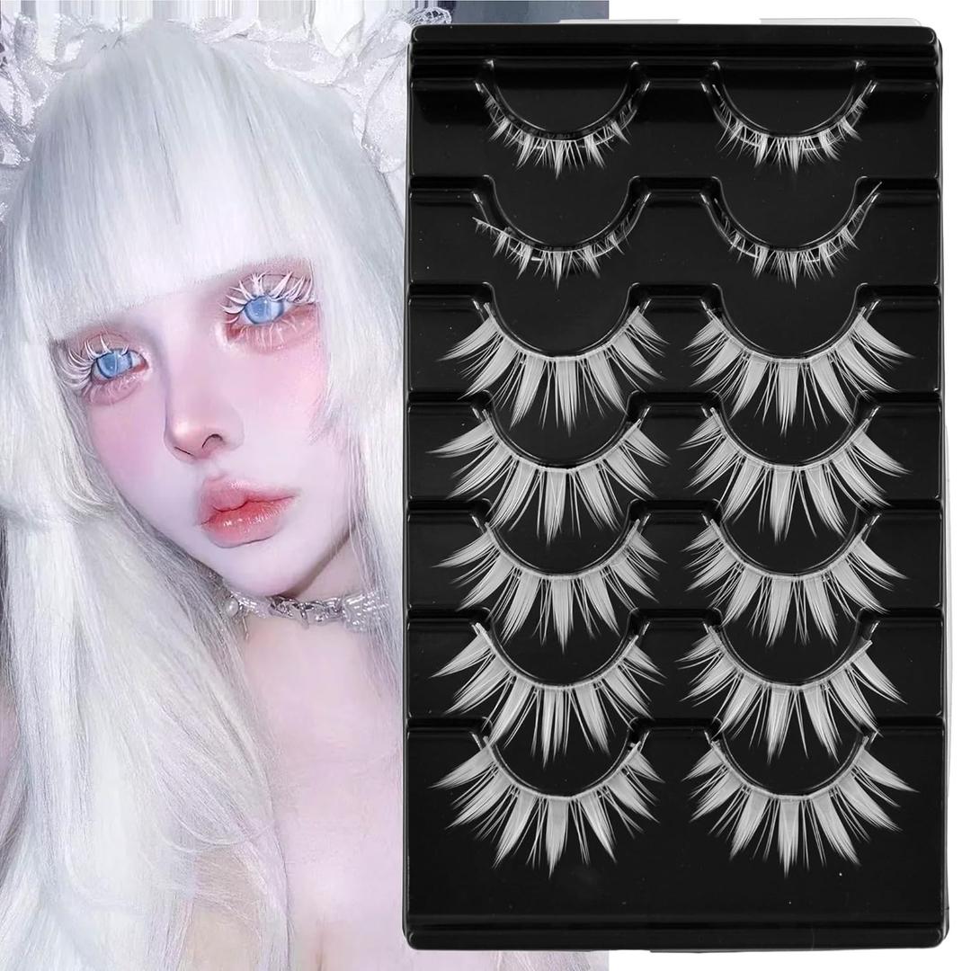 White Lashes with Spikes & Bottom  16mm Spiky Manga Eyelashes Halloween Gojo Cosplay Eye Look lashes for Anime Makeup, 7 Pair