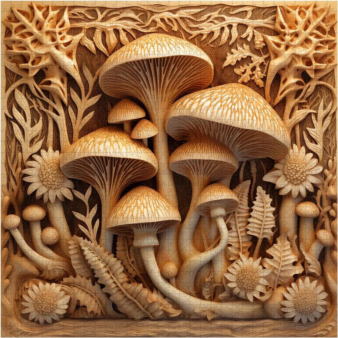 Vintage Mushroom Puzzles for Adults 1000 Pieces, Impossible Nature Fungi Plant Art Puzzle, Challenging Autostereoscopy Forest Jigsaw Puzzle as Mushroom Wall Art