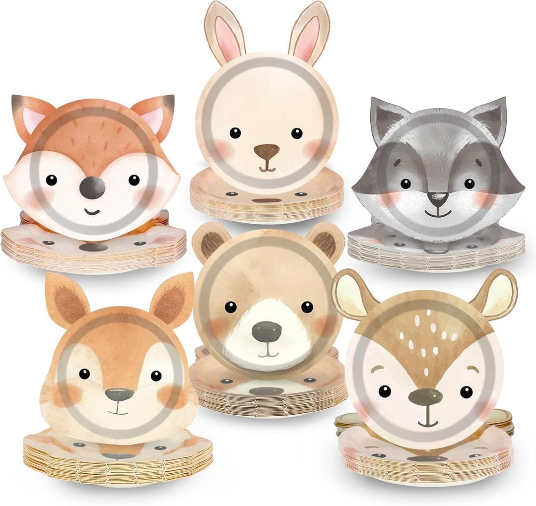 Naozinebi 60 Count Woodland Party Paper Plates Animal Shaped Disposable Plates Woodland Creatures Tableware Forest Birthday Decorations for Birthday Baby Shower Animal Theme Party Favors