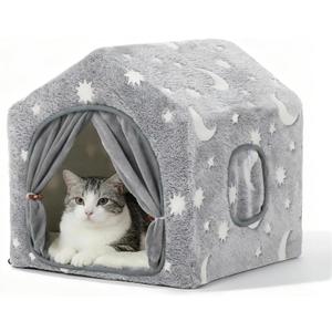 Indoor Dog House, Night-Luminous Star Dog Tent with Frame, Washable Dog Cave Bed, Suitable for 8-20 lb Puppy and Cat (Grey), Size: M (18"×18"×18")