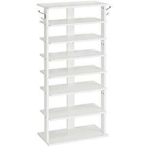 HOOBRO Vertical Shoe Rack, 8 Tier Wooden Shoe Storage Organizer with Hooks, Narrow Shoe Tower for 16 Pairs, Space Saving, for Entryway, Living Room, Bedroom, White WT750XJ01