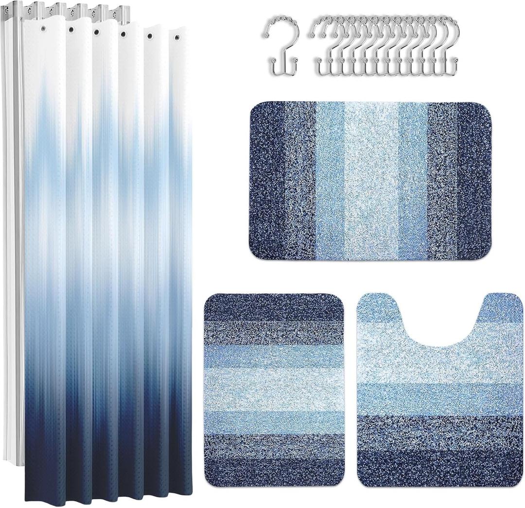 Britimes Navy Blue Stripes Bathroom Sets with Shower Curtain and Rugs, Ombre Modern Abstract Waterproof Shower Curtain Liner and Soft Non Slip Bath Mat for Bathroom Decor and Accessories Hooks