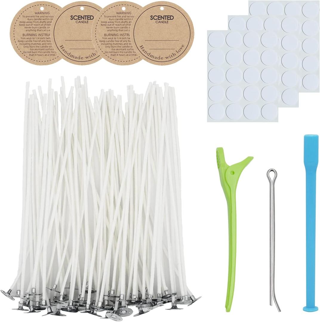 CandMak Candle Wick Kit - 60 Cotton Wicks with Tools for Making Thick, 6 inch Candles