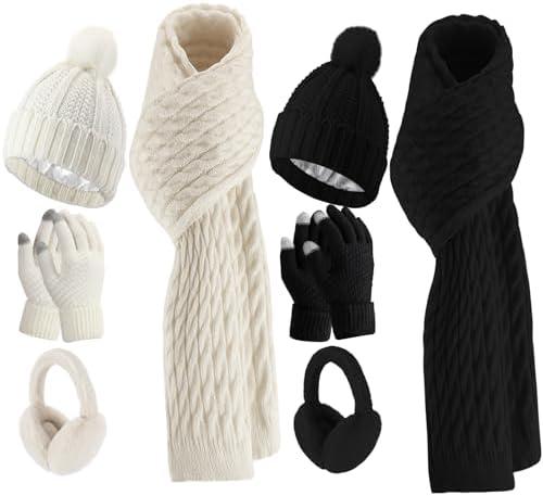 Suhine 8 Pcs Women Hat Scarf Gloves and Earmuff Set Winter Knit Beanie Pompom Hat Warm Touch Screen Gloves for Men Adult