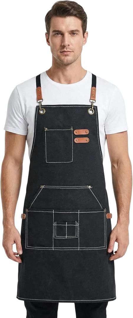 Canvas Aprons for Men Chef Apron, Work Apron with Large Pockets - 16oz Heavy Duty Cross Back, BBQ, Cooking (Black)