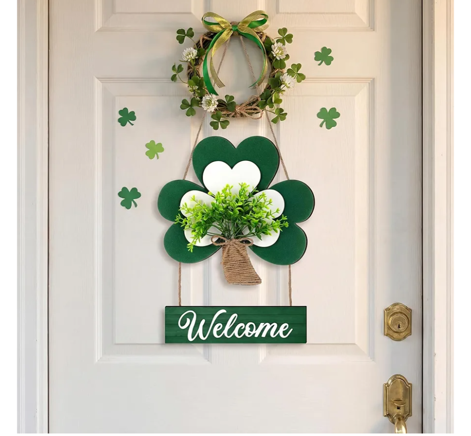Kathfly St. Patricks Door Wreath Decorations Wooden Shamrock Welcome Decoration for Wall Front Door Saint Patricks Day Wreath with Leaves and Jute Rope for Home Outdoor Indoor Party Decor Supplies