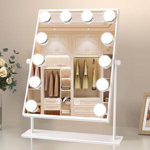 COSMIRROR Vanity Makeup Mirror with Lights, Hollywood Large Mirror with Lights, Lighted Vanity Mirror with 12 Dimmable Bulbs & 3 Color Modes,Touch Control Tabletop Makeup Mirror 360Rotation (White)