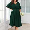 SCOMCHIC Women Plus Size Midi Dresses Wedding Guest Short Sleeve V Neck Tie Waist Casual Summer Flowy A Line Dress (Green, XXL)