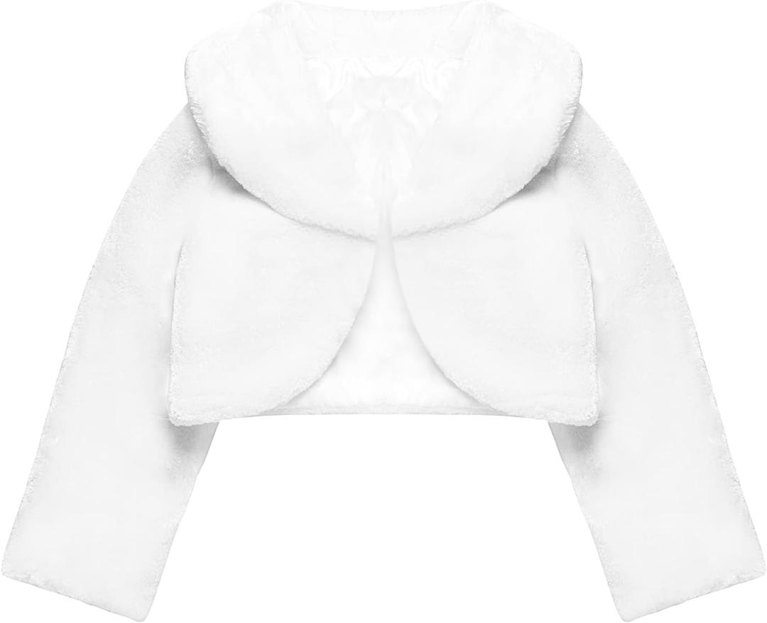 Blulu Girls Faux Fur Bolero Princess Shawl Wraps Girls Shrug Coat Jacket Flower Cape Wedding Party Dress (Small, White)