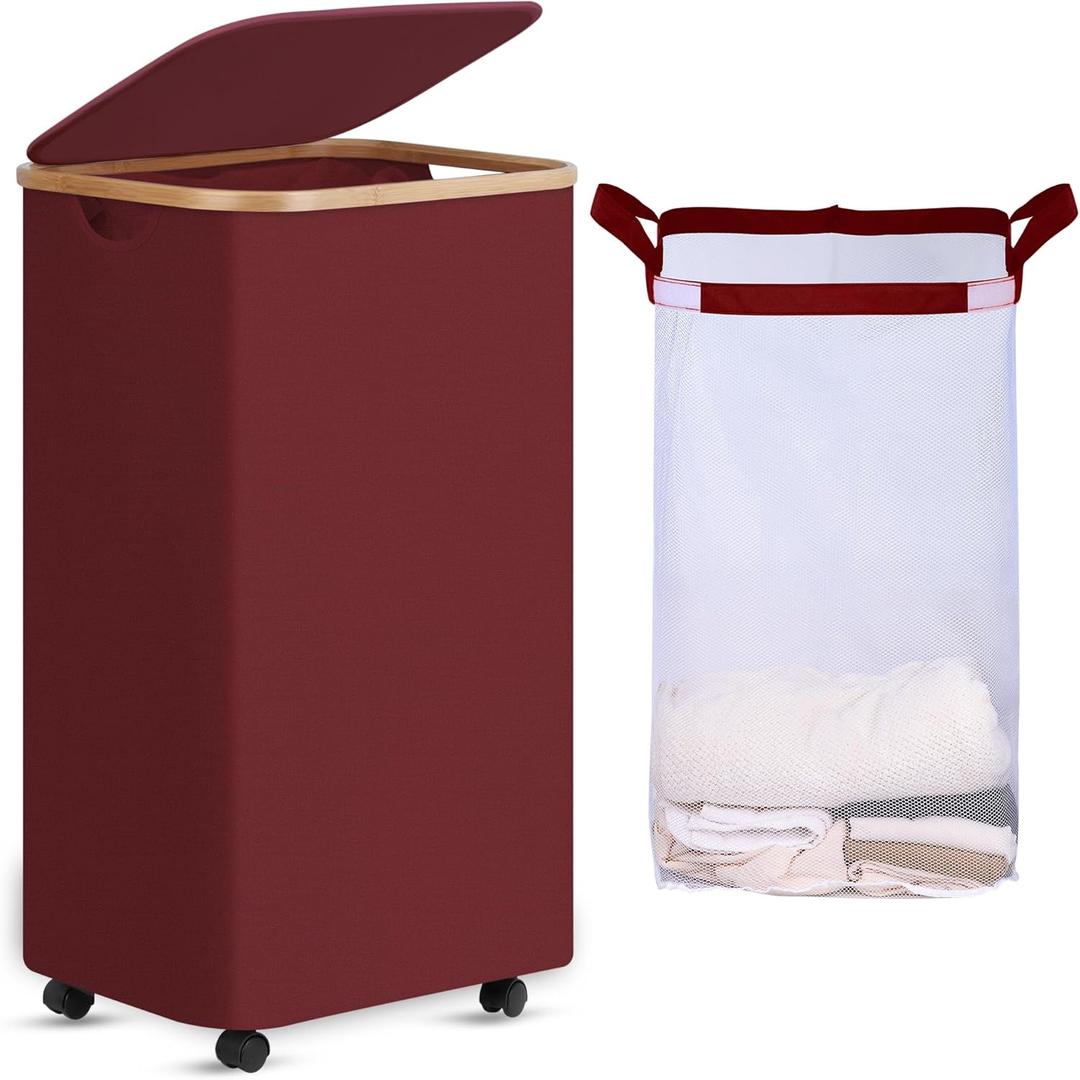 efluky Laundry Basket with Wheels, Tall Rolling Laundry Hamper with Lid and Removable Bag, Aesthetic Dirty Clothes Hamper on Wheels for Laundry Room, Bedroom, Dorm and Bathroom, 100L Rose Red