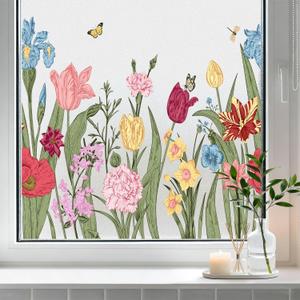 Window Privacy Film, Colorful Floral Window Stickers, Wildflowers Static Clings Decals, Removable DIY Bouquet Windows Cover Tint for Home School Office Party (Colorful and Butterfly)