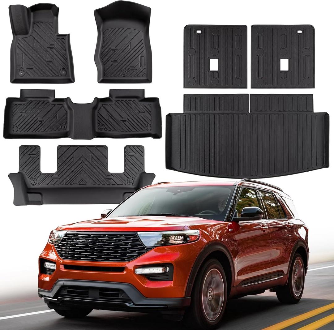 Floor Mats for Ford Explorer 2020-2025 2026 Accessories with Backrest Mat, All Weather TPE for Ford Explorer 6 Passenger Captain Chairs, Waterproof Explorer ST Accessories 2025 2024 2023 2022 2021
