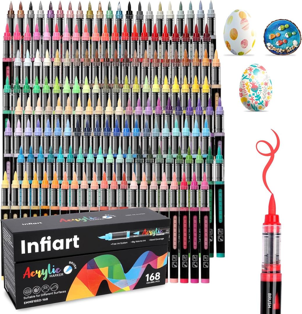 Acrylic Paint Markers Brush Tip 168 Colors Acrylic Paint Pens Automatic Ink Control Acrylic Markers for Wood, Stone, Glass, DIY & Art Supplies
