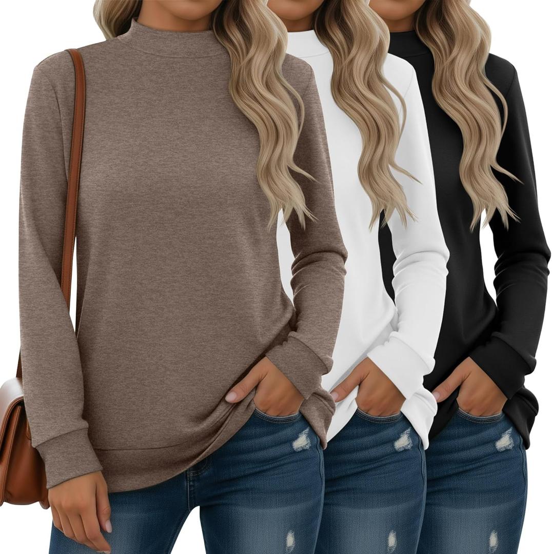 3 Pack Women's Mock Turtleneck Sweatshirts Long Sleeve Cotton Pullover Shirts Tunic Lightweight Loose Casual Tops (Medium, Black, White, Brown)