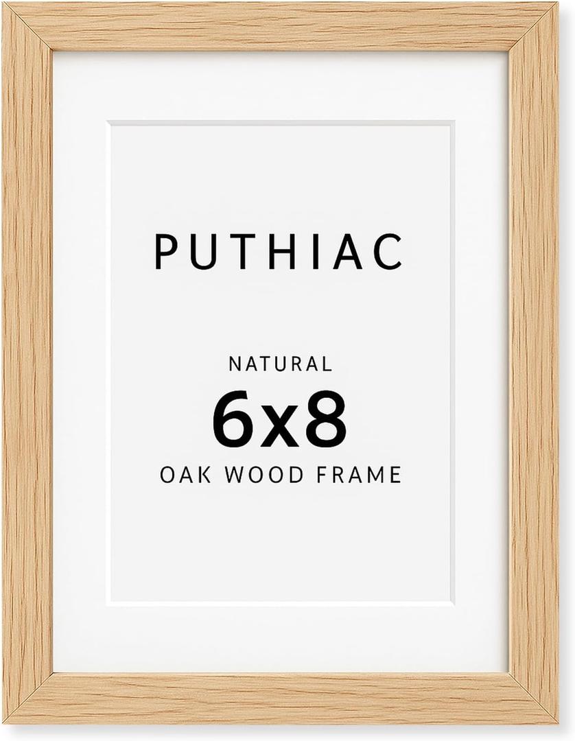 puthiac 6x8 Solid Oak Wood Picture Frame, Fits 5x7 with Mat or 6x8 Without Mat, Wall or Tabletop Display with Stand, Vertical or Horizontal, Plexi Front, 1 Pack, Natural Oak