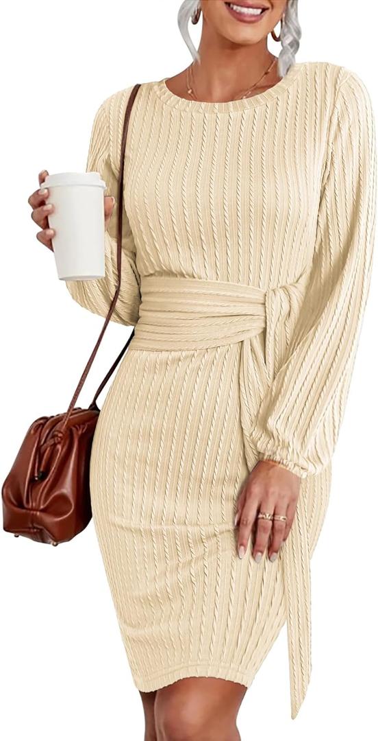 HOTOUCH Women's Knit Dress Long Lantern Sleeve Bodycon Dress Crewneck Tie Waist Rib Knitted Sweater Dresses (Yellow, Small)