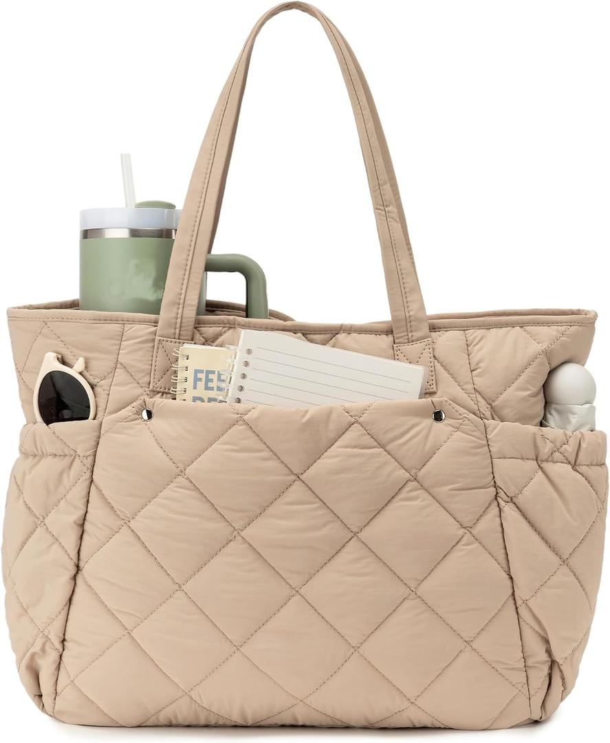 Micmores Puffer Tote Bag for Women, Lightweight Quilted Shoulder Bag with Pockets, Stylish Puffy Handbag for Work Daily Use | Nylon Material