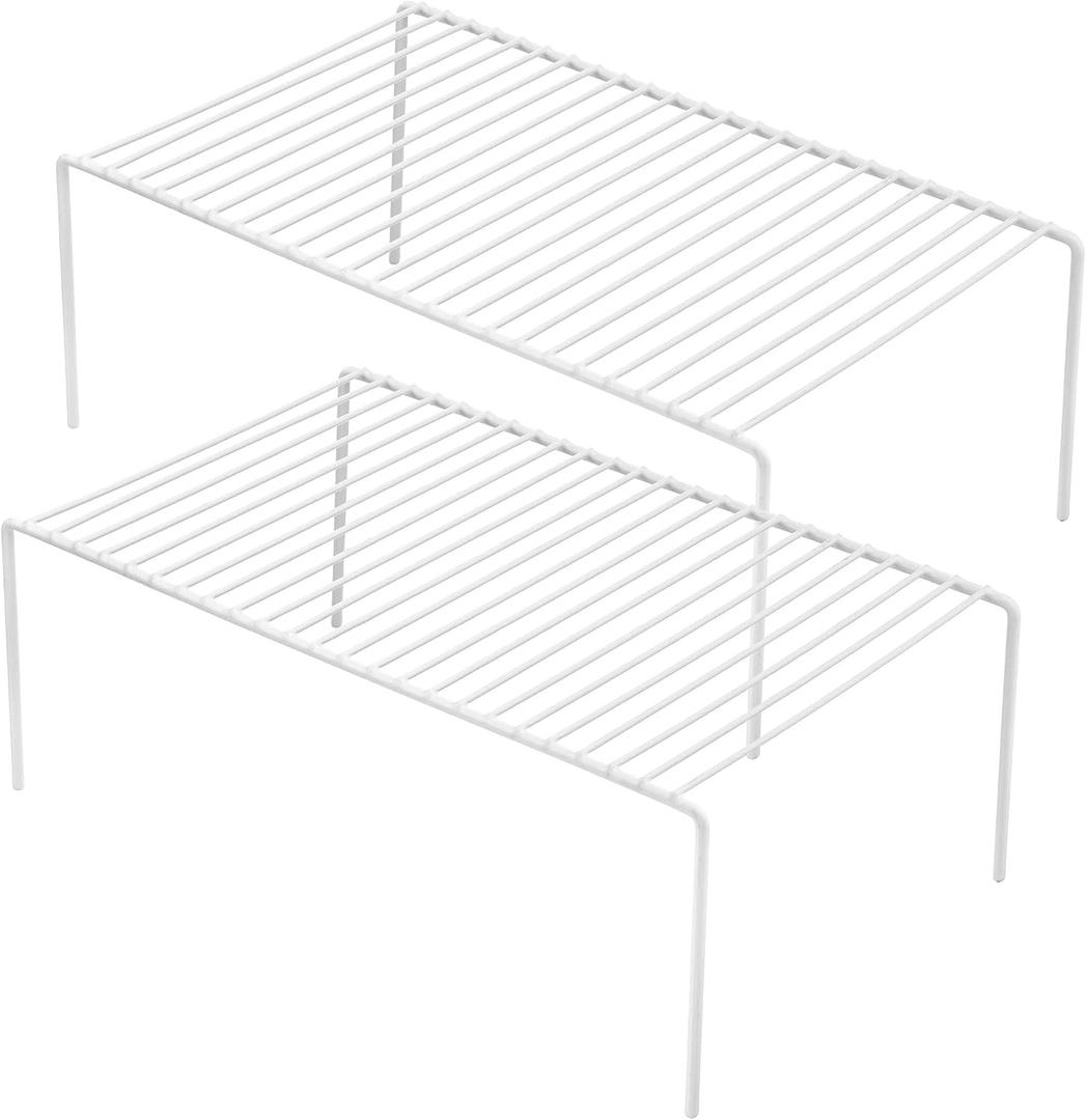 Kitchen Cabinet Shelf Organizer Set of 2, Large (15.7 x 9.4 inch) Metal Wire Pantry Storage Shelves, Dish Plate Racks for Cabinets, Freezer, Counter, Cupboard Organizers and Storage, White