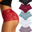 FINETOO Sexy Underwear for Women V-Waist Shorts Women' s Underwear Lightweight Soft Lace High Waist Panties 5 Pack (Large)