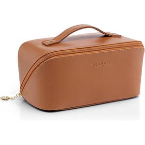 Vlando Makeup Bag,Large Capacity Travel Toiletry Bag,Cosmetic Bags for Women PU Leather Waterproof Portable Pouch with Divider & Handle-Brown