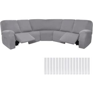 Peryiter 7 Pcs L Shape Sectional Recliner Sofa Covers 5 Seat Sectional Couch Covers Milk Silk Velvet Stretch Reclining Sofa Slipcover Furniture Protector for Living Room(Light Gray,Milk Silk)