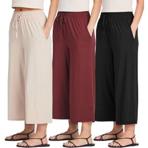 Real Essentials 3 Pack: Women's Ultra-Soft Wide Leg Loose Capri Open Bottom Pants - Yoga Lounge Pockets(Available in Plus) Large Real Essentials 3 Pack: Women's Ultra-Soft Wide Leg Loose Capri Open Bottom Pants - Yoga Lounge Pockets(Available in Plus) Large