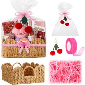 Valentines' Day Small Woven Gift Basket Empty Galentines with Gift Bags and Ribbons Raffia Cherry Pendant Storage Basket Decorative for Valentines Birthday Party Supplies 11.02'' x 11.02'' x 5.12''