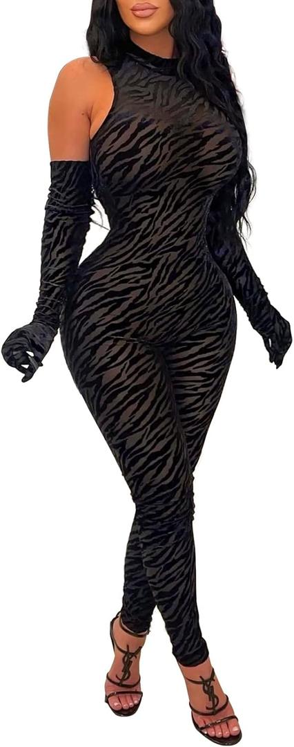 sedmoda Women Sexy Bodycon Velvet Jumpsuit Sheer Mesh Patchwork One Piece Party Club Outfits with Gloves (Small, Black)