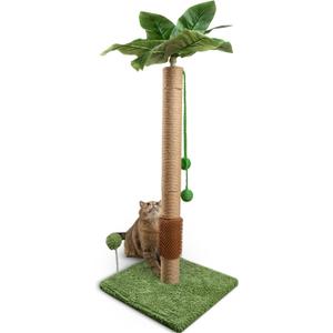 ANWA 35" Tall Cat Scratching Post for Kitten and Large Cats, Scratching Post for Indoor Cats with Self-Grooming Rubber Brush, Cat Sisal Post with Simulated Leaves