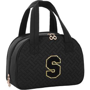 Initial Travel Toiletry Bag, Personalized Cosmetic Bags Birthday Gifts for Women, Makeup Bag Organizer with Handle, Travel Bag for Toiletries with Brush Holder (S, Black)