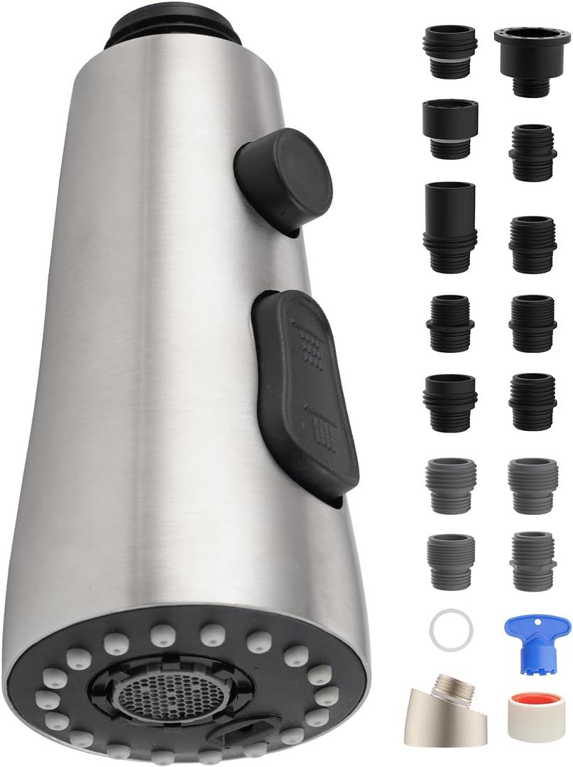 Hygie Rinse Stainless Faucet Head Replacement with 15 Adapters Compatible with Moen/Delta/Kohler Pull Down Kitchen Faucet, 3 Water Modes Kitchen Sink Faucet Sprayer Head, Brushed Nickel Finish