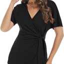 LEIYEE Womens Summer V Neck Short Sleeve Wrap Tops Casual Cute Front Twist Tie Knot Shirts Blouse (Black, M)