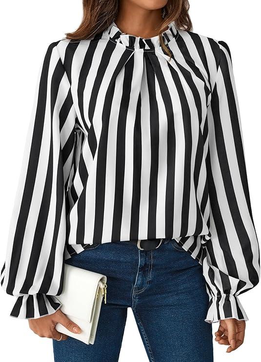 SOFIA'S CHOICE Women's Striped Long Sleeve Blouse Shirts Pleated Mock Neck Ruffle Top Black White Small