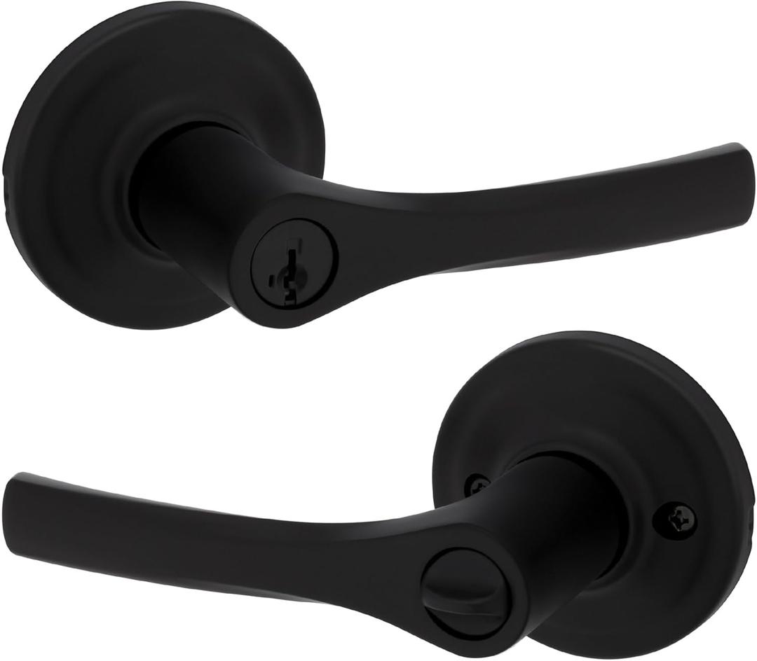 Kwikset Henley Entry Door Handle with Lock and Key, Secure Keyed Reversible Lever Exterior, For Front Entrance and Bedrooms, Matte Black, Pick Resistant Smartkey Rekey Security and Microban