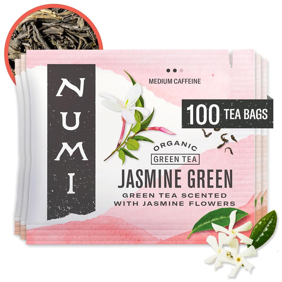 Numi Organic Green Tea with Jasmine, 100 Green Tea Bags with Real Jasmine (EXP 03/20/29)
