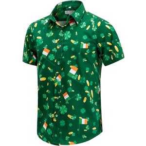 Men's St. Patrick's Day Shirt Funny Irish Flag Clover Short Sleeve Hawaiian Casual Button Down Shirt (M, Four Leaf Clover and Flag)