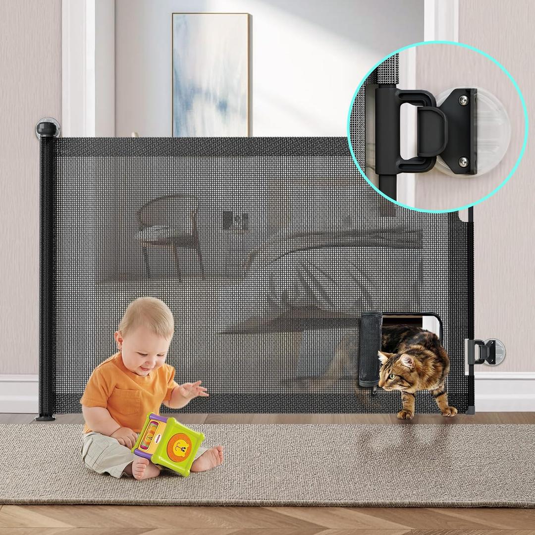 No-Drill Retractable Baby Gates for Stairs, Pet Gate with Cat Door for Doorways, 33" x 55" One-Handed Mesh Baby Dog Pet Cat Gate with Door, Child Safety Gate for Hallways Kitchen Indoor Outdoor Black