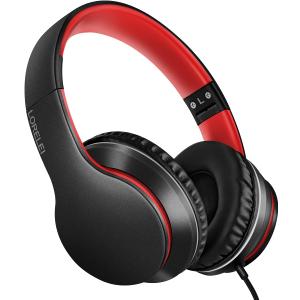 LORELEI X6 Over-Ear Headphones with Microphone, Lightweight Foldable & Portable Stereo Bass Headphones with 1.45M No-Tangle,Wired Headphones for Smartphone Tablet MP3 / 4 (Black-Red)