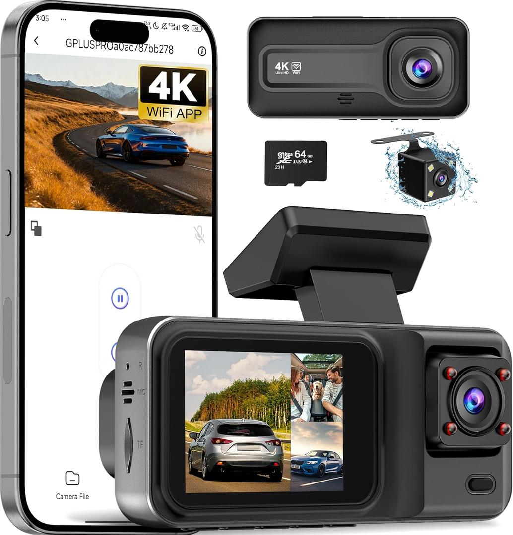 3 Channel 4K Dash Cam with 5GHz WiFi & APP Control, 4K+1080P+1440P Dash Cam Front and Rear Inside with 64GB Card, Dash Camera for Cars with Night Vision, Loop Recording, 24H Parking Mode, G-Sensor