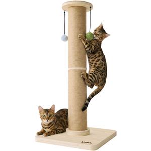 ZOMISIA 35'' Tall Cat Scratching Post, 4.7'' Large Scratch Post with Thicken Wooden Base for Indoor Cats Adults, Sisal Scratcher Top & Dangling Balls, Super Sturdy