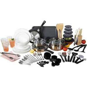 Gibson Home 74 Piece Kitchen in a Box Pots and Pans Cookware, Plates and Bowls Dinnerware, Cutlery Knife Block, Flatware Utensils, Tools & Gadgets, Storage, Glasses Set (Stainless Steel / White)