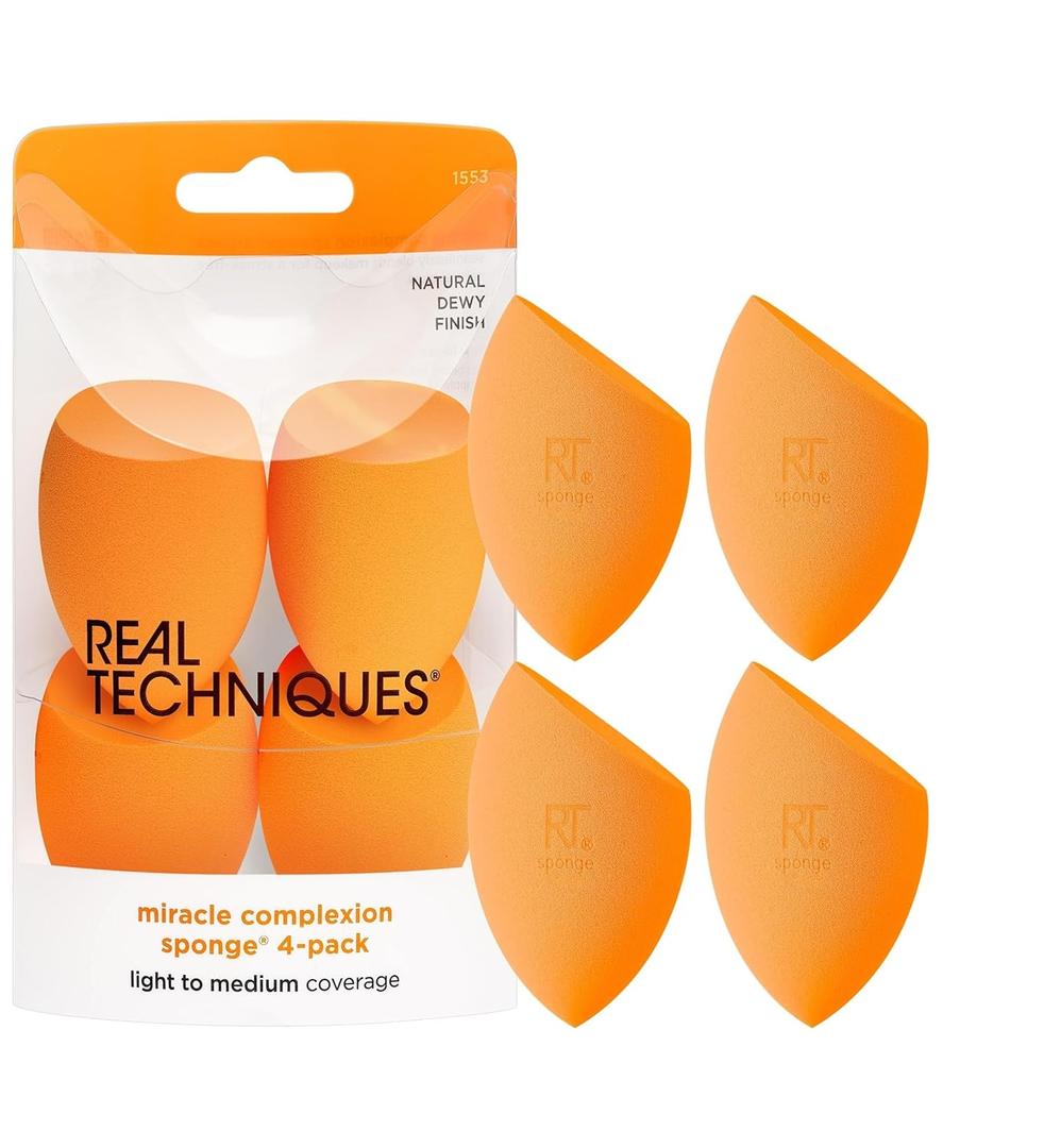 Real Techniques Miracle Complexion Beauty Sponge Makeup Blender, Set of 4 (4 Count (Pack of 1), Orange)