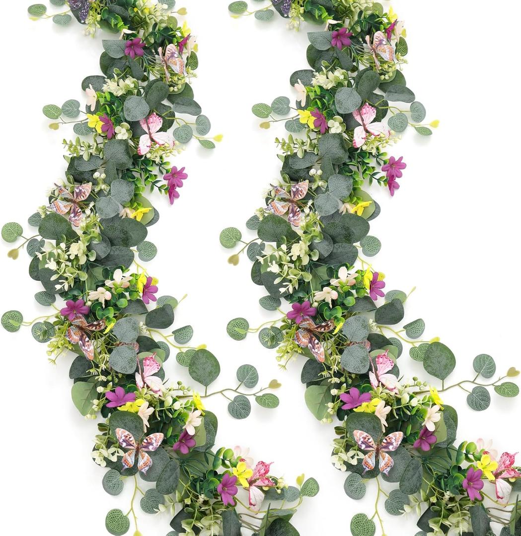 2 Pack 5.68 FT Artificial Daisy Garland with 3D Butterfly, Hanging Fake Flowers Greenery Eucalyptus Garland Floral Vines for Wedding Table Home Room Sping Summer Decor, 2pcs