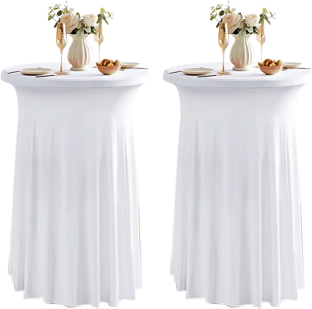 Dimatic 2 Pack White High Top Cocktail Tablecloth Stretch Cocktail Table Cloth with Skirt Fitted 32 inch Round Spandex Table Cloths for Party Wedding Banquet Birthday