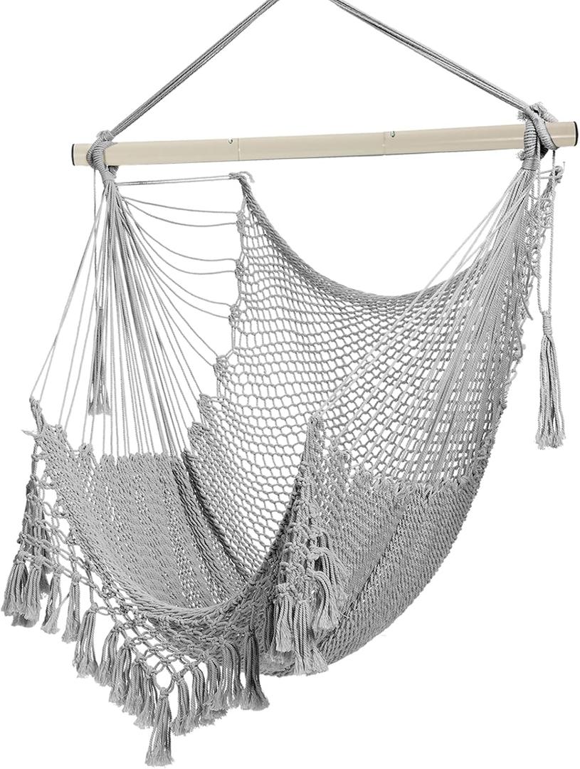 Hammock ChairMax 330lbs, Large Hanging Chair, Soft Cotton Rope Swing Chair with High Load-Bearing Metal Rod,Indoor Outdoor Garden Yard Living Room Use (Grey)
