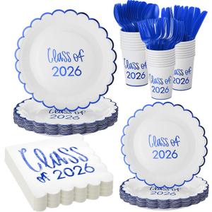 Affrolling Class of 2026 Graduation Party Supplies, 175 Pcs Congrats Grad Paper Plates Napkins and Cups Cutlery Disposable Tableware Set for College High School Congrats Decorations, Serves 25(Blue)